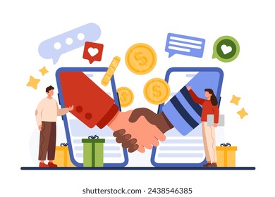 Loyalty program to refer friend, partnership and success agreement. Handshake of two big hands from mobile phone screens to celebrate deal, collaboration and bonuses cartoon vector illustration