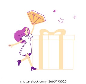 Loyalty Program for Regular Clients Concept. Woman Character Hold Huge Brilliant in Hand with Stars around of Huge Gift Box. Purchase Benefit, Bonus System for Customer. Linear Vector Illustration