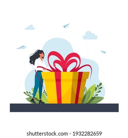 Loyalty Program for Regular Clients Concept.Business concept. Woman holds big gift box. Woman with a gift box. Gift for the holiday. girl standing next to large gift. Vector illustration