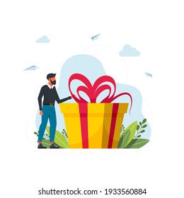 Loyalty Program for Regular Clients Concept.Business concept. man holds big gift box. Vector flat cartoon illustration. man with a gift box. Gift for the holiday. girl standing next to large gift. 