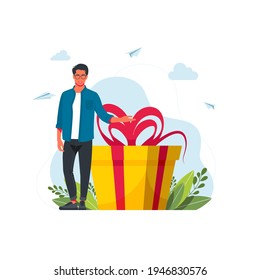 Loyalty Program for Regular Clients Concept.Business concept. man holds big gift box. Vector flat cartoon illustration. man with a gift box. Gift for the holiday. girl standing next to large gift. 