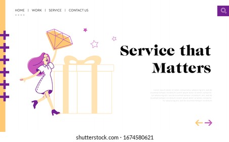 Loyalty Program for Regular Clients Landing Page Template. Woman Character Hold Huge Brilliant in Hand and Huge Gift Box. Purchase Benefit, Bonus System for Customer. Linear Vector Illustration