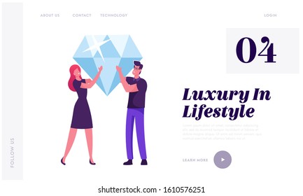 Loyalty Program for Regular Clients Website Landing Page. Man and Woman Hold Huge Brilliant in Hands with Gold Coins and Stars around. Purchase Benefit Web Page. Cartoon Flat Vector Illustration