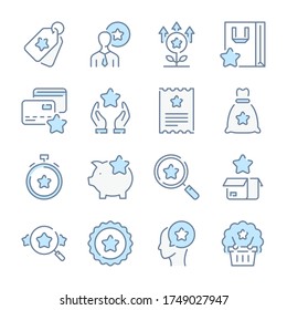 Iconos de color de línea azul relacionados con el programa de fidelidad. Juego de iconos de servicio de recompensa al cliente.