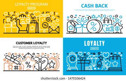 Loyalty program reward banner set. Outline set of loyalty program reward vector banner for web design