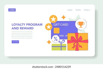 Loyalty Program and Reward concept. Engaging web banner with gift card, trophy, and presents to represent customer incentives. Achieving consumer retention through rewards. Vector illustration.