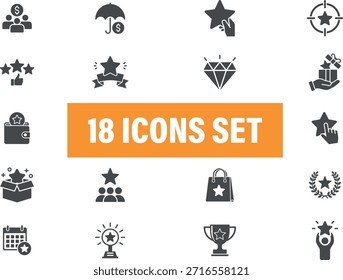 Programa de lealtad e iconos de recompensa. Iconos de premios y reconocimiento. Incluyendo trofeo, regalo, 
Logro, honor