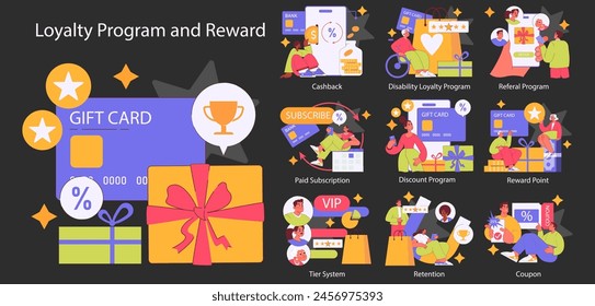 Loyalty Program and Reward set. Illustrating various customer incentives including gift cards, cashback, and referral bonuses. Cultivating customer engagement and retention. Vector illustration.