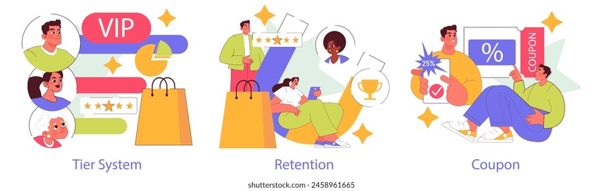 Loyalty program rewards concept. Customer tier system, retention strategies, and coupon offerings. Engaging diverse consumers through incentives. Vector illustration.