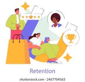 Loyalty Program Rewards concept. Customers engaging with a rewards system, reflecting satisfaction and retention. Customer loyalty, incentive strategy. Vector illustration.