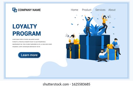 Loyalty program and rewards concept with happy people near big gift boxes. Can use for landing page web banner, infographics, landing page, web template. Vector illustration