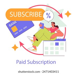 Loyalty Program Rewards concept. Woman enjoys perks of paid subscription with discounts and calendar, highlighting ongoing customer engagement. Vector illustration.