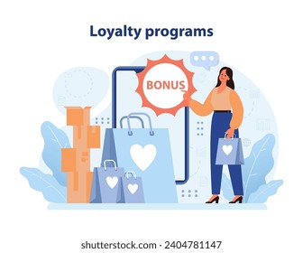 Loyalty program rewards. Confident shopper points to a bonus tag, surrounded by shopping bags and delivery boxes. Exploring exclusive offers and heart-themed incentives. Flat vector illustration
