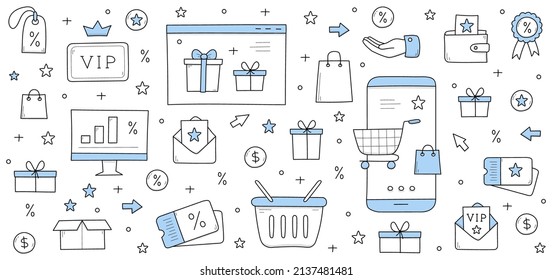 Loyalty Program Rewards Doodle Concept. Smartphone With Shopping Trolley At Screen. Mobile Application For Vip Clients, Gift Box, Hand, Percent Sign, Sale Coupon, Star, Line Art Vector Illustration