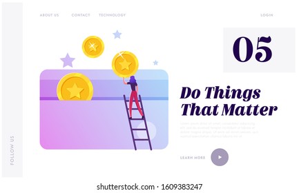 Loyalty Program Service, Rewards Points and Bonus System to Regular Clients Website Landing Page. Woman Stand on Ladder Put Gold Coins to Plastic Card Web Page Banner. Cartoon Flat Vector Illustration