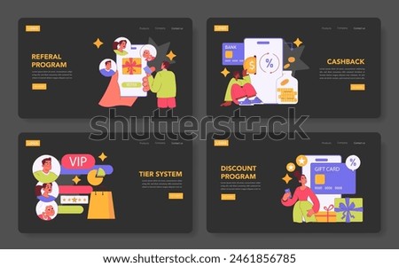 Loyalty program set. Cashback savings, inclusive disability rewards, and referral benefits. Engaging customers with perks and recognition. Vector illustration.