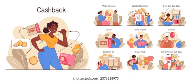 Loyalty program set. Rewards, offers, cashback and card points. Commercial program for client retention. PR campaign for customer loyalty. Marketing promotion. Flat vector illustration