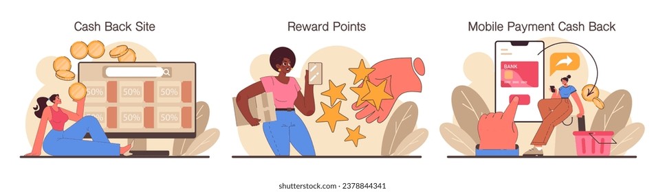 Loyalty program set. Rewards, offers, cashback and card points. Commercial program for client retention. PR campaign for customer loyalty. Marketing promotion. Flat vector illustration