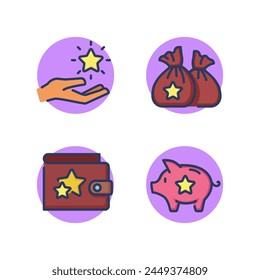 Loyalty program symbol elements. Walet, piggy bank, sacks and hand with stars. Customers reviews, savings, exclusive discounts concept. Vector illustration for web design and apps