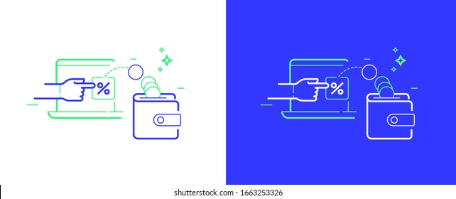 Loyalty program template for web site or banners. Refer bonus for friends or customers. Money reward, cashback benefit icon with hand and coins wallet. Isolated vector illustration on white backdrop