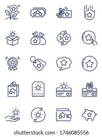 Loyalty program thin line icons set. Symbols for customer incentive rewards, gifts and bonus cards isolated vector illustration collection. Shopping and exclusive discounts concept