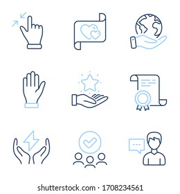 Loyalty program, Touchscreen gesture and Love letter line icons set. Diploma certificate, save planet, group of people. Hand, Person talk and Safe energy signs. Bonus star, Zoom out, Heart. Vector