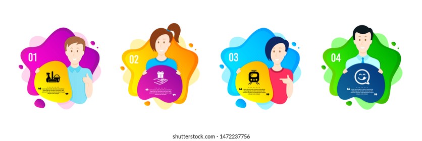 Loyalty program, Train and Household service icons simple set. People shapes timeline. Yummy smile sign. Gift, Tram, Cleaning equipment. Emoticon. Business set. Dynamic shape offer. Vector