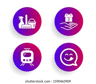 Loyalty program, Train and Household service icons simple set. Halftone dots button. Yummy smile sign. Gift, Tram, Cleaning equipment. Emoticon. Business set. Classic flat loyalty program icon. Vector