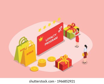 Loyalty Program Vector Concept. Saleswoman Giving A Loyalty Card To Her Loyal Customer While Standing With Gift Boxes And Shopping Bag