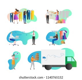 Loyalty program vector illustration collection set. Customer and consumer search, choose, order, buy and pay for product. Feedback with rating stars. Online shop and goods delivery. Marketing basics.