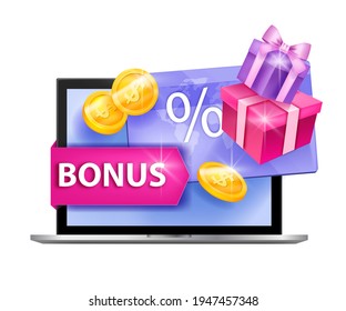 Loyalty program vector illustration, customer gift card concept, laptop, present boxes, gold coins. Online shopping, internet sale, bonus reward, web store discount. Loyalty program cash back, voucher