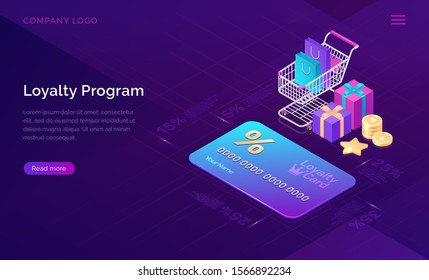 Loyalty program, vector isometric concept. Big discount card with percent, shopping cart and gift boxes and cash coins icons on ultraviolet background. Online service with collecting points