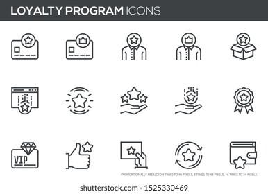 Iconos de línea vectorial del programa de fidelidad. Tarjeta de bono, tarjeta de regalo, satisfacción del cliente. Iconos de píxeles perfectos, como pueden escalarse a 24, 48, 96 píxeles.