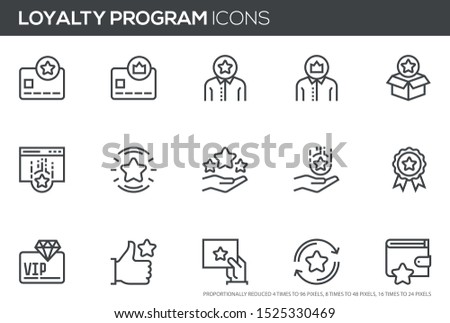 Loyalty program vector line icons set. Bonus card, gift card, customer satisfaction. Perfect pixel icons, such can be scaled to 24, 48, 96 pixels. 商業照片 © 