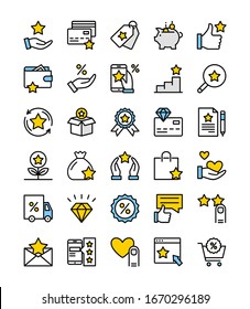 Loyalty program. Vector set of loyalty program line icons for website, web, app, graphic design. Marketing concept. Discount coupon,lottery prizes, gifts, rewards for customers. Shopping bonus system 