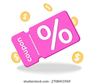 programa de lealtad, выгодные покупки, cupón, Cupón rosa, efecto 3D, descuento, venta, promoción, Cupón de Vector, colores brillantes, diseño vívido y colorido, ahorros, devolución de dinero, oferta especial, iconos de dinero