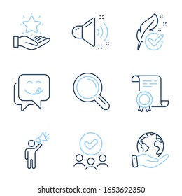 Loyalty program, Yummy smile and Hypoallergenic tested line icons set. Diploma certificate, save planet, group of people. Loud sound, Research and Brand ambassador signs. Vector
