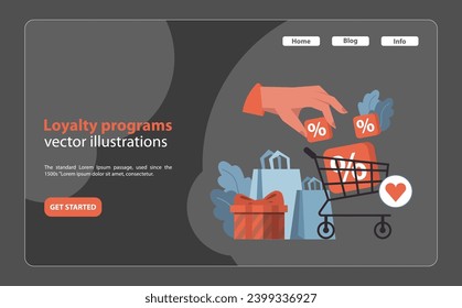 Loyalty programs concept. Hand placing discounts into shopping cart, surrounded by gift and heart icon. Rewarding frequent shoppers. Flat vector illustration.