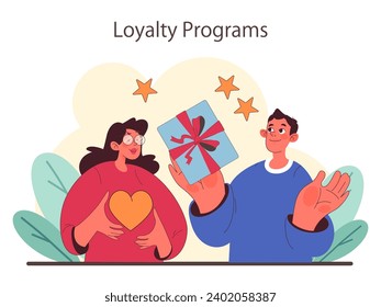 Concepto de Programas de Lealtad. Los clientes alegres celebran ganar recompensas, mostrando el corazón de la lealtad de la marca y el deleite de los beneficios exclusivos. Ilustración vectorial plana