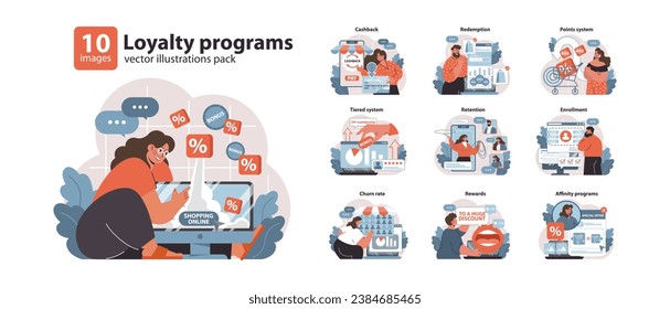 Loyalty programs set. Consumers engaging in online shopping benefits. Cashback offers, tiered memberships, customer retention. Points collection, enrollment perks, special rewards. vector illustration