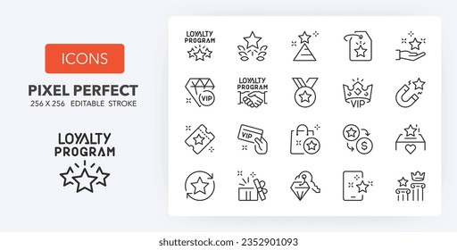 Loyalty programs thin line icon set. Outline symbol collection. Editable vector stroke. 256x256 Pixel Perfect scalable to 128px, 64px...