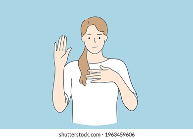 Loyalty promise oath concept. Young woman cartoon character wearing casual clothes swearing with hand on chest and open palm vector illustration 