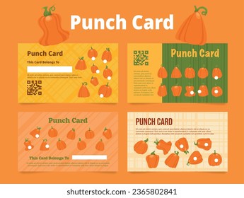 Loyalty punch card with autumn pumpkin decorative design set vector illustration. Shop store service advertising voucher coupon for collecting stickers fall Halloween mood for buy free promo bonus