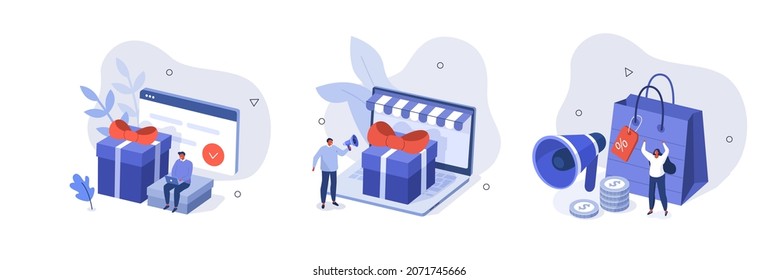 Loyalty and referral marketing program illustration set. Characters collecting cashback bonuses, gifts and participating in benefit program. Customers receiving online rewards. Vector illustration.
