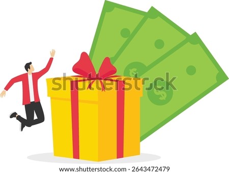 Loyalty and Referral Marketing Program. man and Man Standing near Gift Box and Collecting Cash Back Bonuses. Online Reward. present box, gold coins, Consumer reward. Vector Illustration. stock illustr
