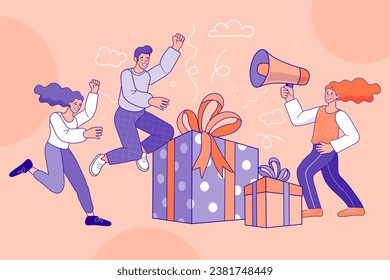 Loyalty and Referral Marketing Program. Woman and Man Standing near Gift Box and Collecting Cash Back Bonuses. Online Reward. present box, gold coins, Consumer reward. Vector Illustration.