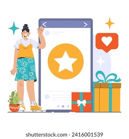 Loyalty reimagined. Cheerful woman engaging with a digital loyalty program, collecting stars and rewards. Earned perks, mobile app interaction, heartfelt appreciation. Special gifts awaiting.