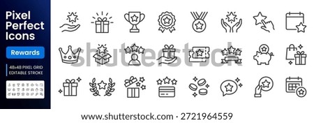 Loyalty and reward line icon set. Gift, VIP badge, trophy, loyalty card, redeem point minimal vector illustrations. Simple outline signs for bonus programs. 48x48 Pixel Perfect. Editable Stroke.