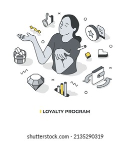 Loyalty or reward program concept. Happy woman receiving bonuses, discount, cash back or gift after making purchases. Isometric vector illustration with isolated objects