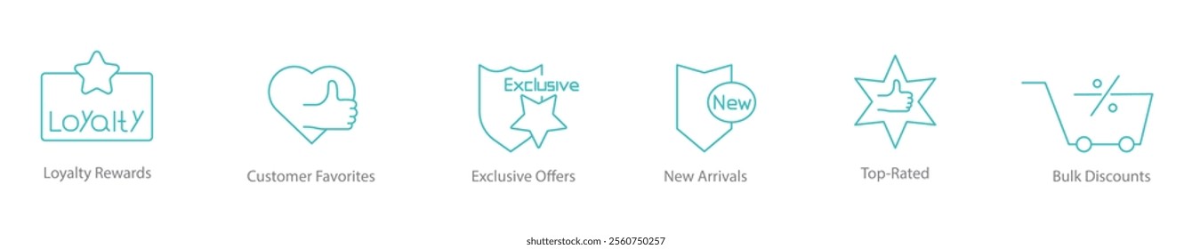 Loyalty Rewards, Customer Favorite, Exclusive Offers, New Arrivals, Top Rated, Bulk Discounts Icon Set